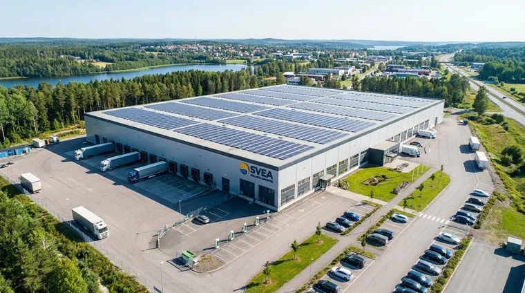 Solceller på taket av en kommersiell byggnad